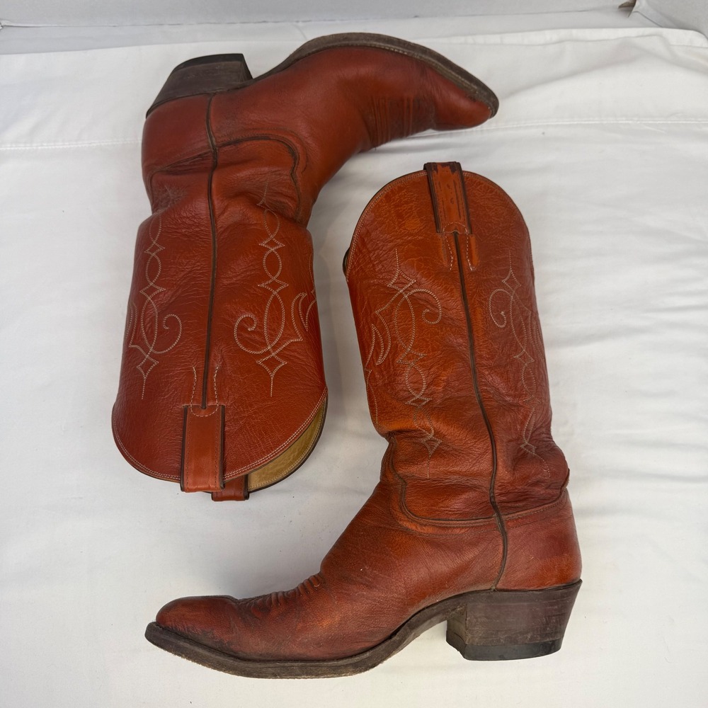 Justin Vintage Mens Cowboy Boots Reddish Brown Leather Western Pointed Toe 9D - Picture 10 of 12